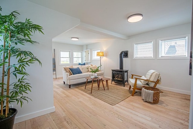 401 N End Blvd, Salisbury, MA 01952 - living area with a wood stove and light wood-type flooring