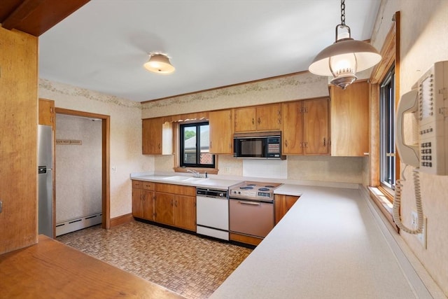 kitchen with black microwave, a baseboard heating unit, range with electric stovetop, white dishwasher, and light countertops