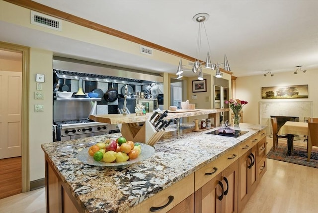 12 Vose Hill Rd, Westford, MA 01886 - kitchen with light wood-style floors, open floor plan, light stone counters, black electric cooktop, and a center island