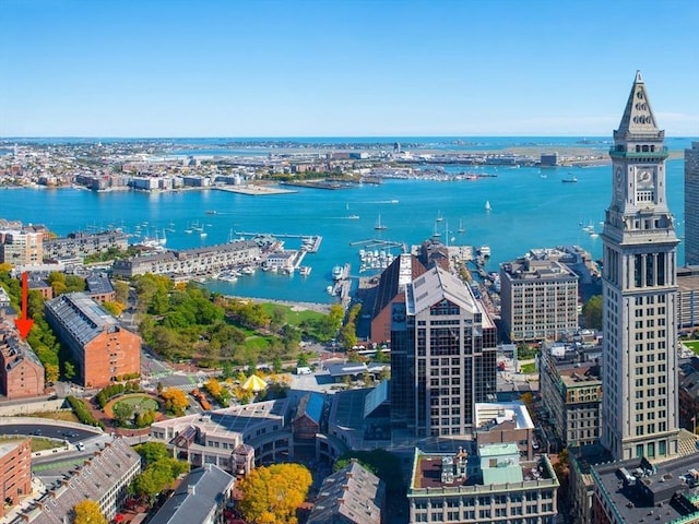 aerial view with a water view and a city view