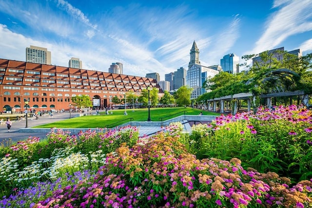 view of community with a lawn and a city view