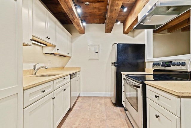 kitchen with appliances with stainless steel finishes, a sink, range hood, wood ceiling, and electric panel