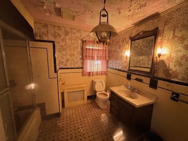 1002 Charles St, North Providence, RI 02904 - full bath featuring wallpapered walls, vanity, a wainscoted wall, and crown molding