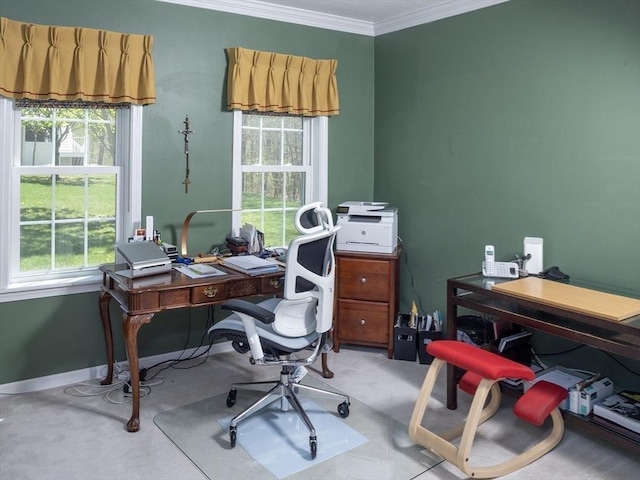 home office featuring baseboards, ornamental molding, and carpet