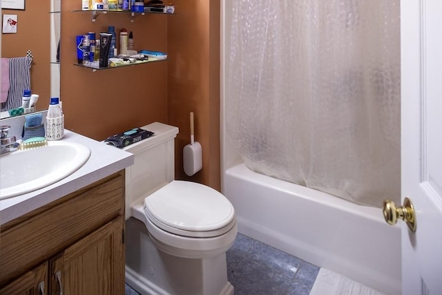 bathroom featuring vanity, tile patterned flooring, shower / bath combo, and toilet