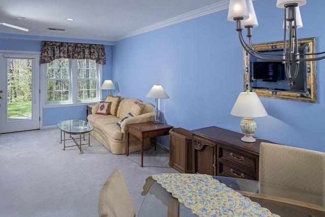 living room with visible vents, carpet flooring, baseboards, and ornamental molding