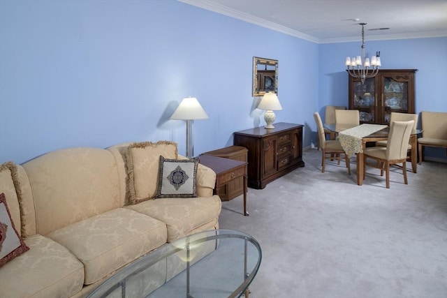 living area featuring crown molding, a chandelier, and light carpet