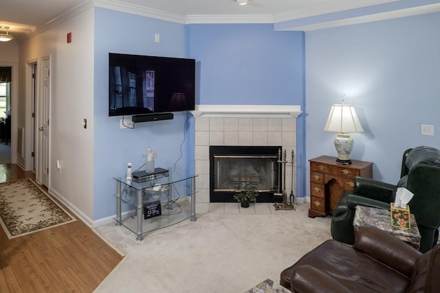 living room featuring crown molding, baseboards, and a fireplace