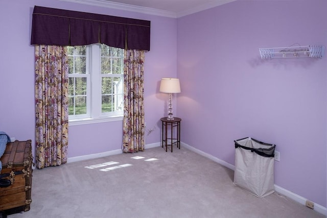 living area with baseboards, ornamental molding, and carpet