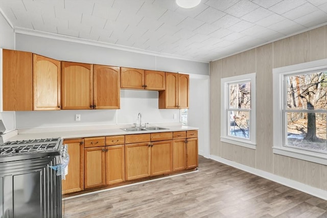 kitchen with light countertops, gas range oven, a sink, and light wood-style floors