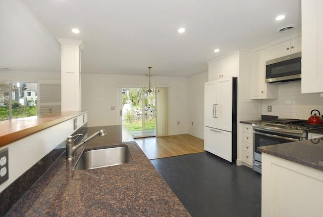 kitchen featuring recessed lighting, white cabinetry, a sink, appliances with stainless steel finishes, and backsplash