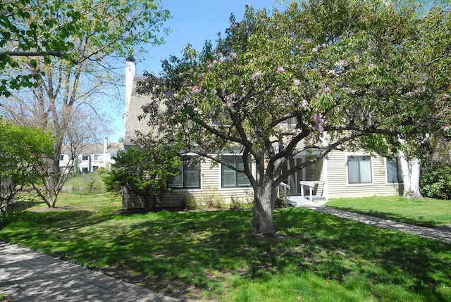 view of property hidden behind natural elements featuring a chimney and a front yard