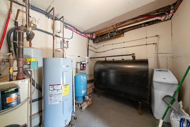 utility room with a garage, heating fuel, and electric water heater