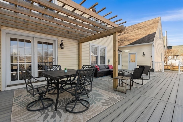 wooden deck featuring an outdoor hangout area, a pergola, and outdoor dining area