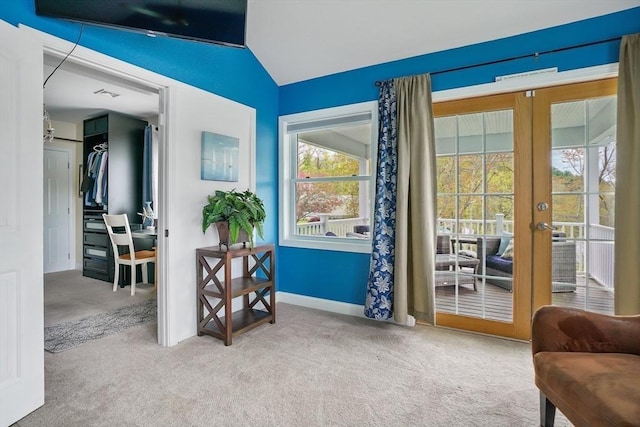 2 Coles Grove Rd, Derry, NH 03038 - doorway to outside featuring lofted ceiling, carpet flooring, french doors, and baseboards