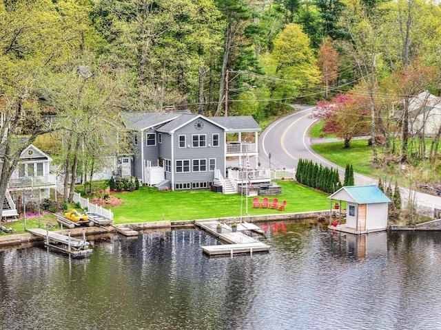 2 Coles Grove Rd, Derry, NH 03038 - dock area with a water view, a view of trees, a lawn, and stairs