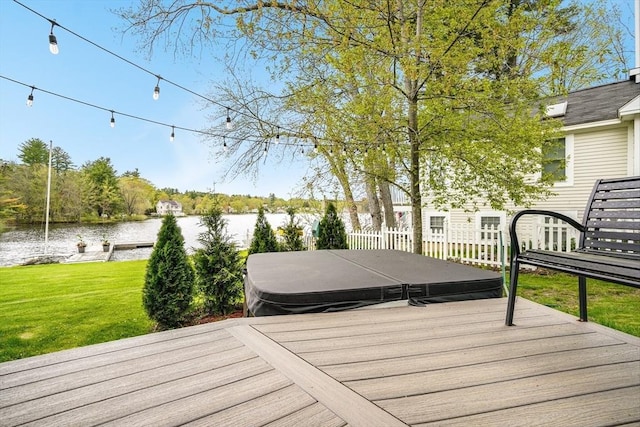 2 Coles Grove Rd, Derry, NH 03038 - wooden terrace featuring a water view, a hot tub, and a yard