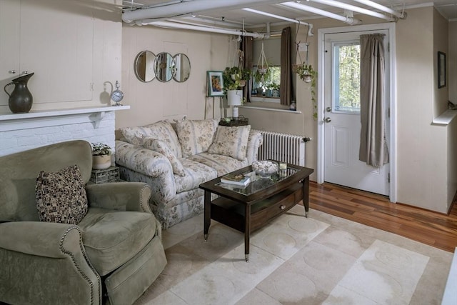 living room with radiator heating unit and wood finished floors