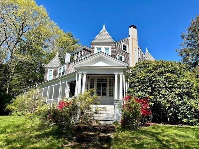 48 Neal Gate St, Scituate, MA 02066 - rear view of property featuring a chimney, a yard, and a porch