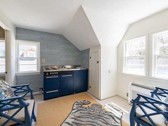 interior space with lofted ceiling, plenty of natural light, a sink, and an accent wall