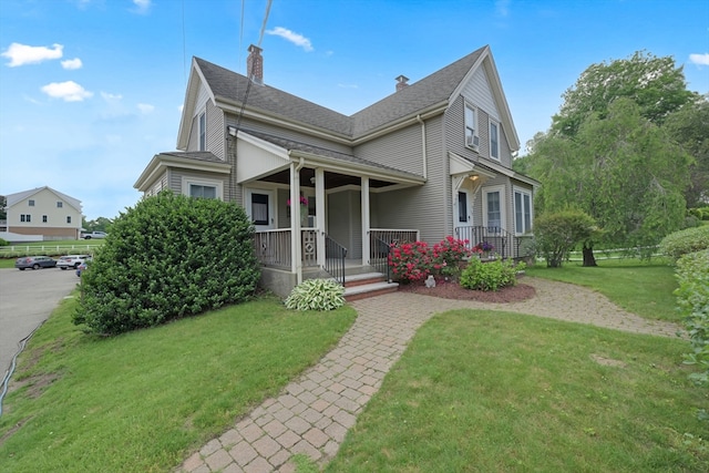 246 Railroad Ave, Norwood, MA 02062 - traditional-style house with covered porch, a chimney, and a front lawn