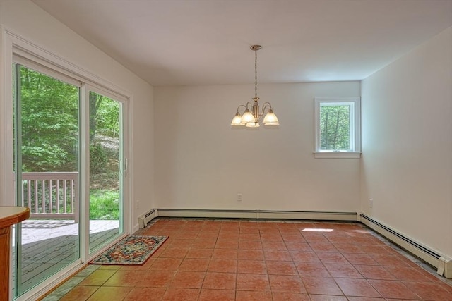 unfurnished dining area featuring baseboard heating, a chandelier, and light tile patterned floors