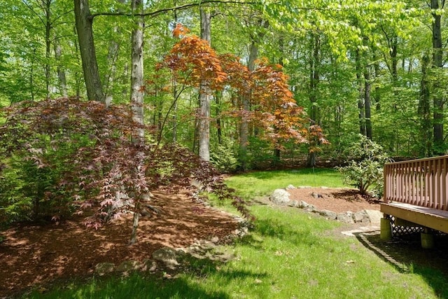 view of green lawn with a deck and a forest view