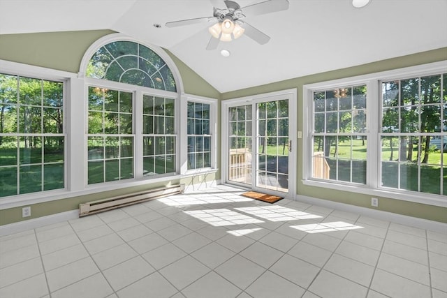 unfurnished sunroom featuring a baseboard heating unit, lofted ceiling, healthy amount of natural light, and tile patterned floors