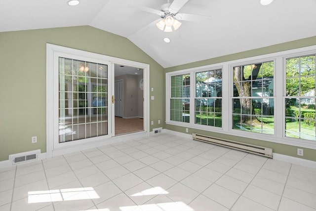 unfurnished sunroom with a baseboard radiator and lofted ceiling