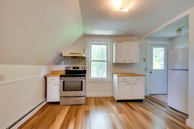 25-29 Chapel St, Norwood, MA 02062 - kitchen featuring electric stove, freestanding refrigerator, a baseboard radiator, under cabinet range hood, and light wood-type flooring