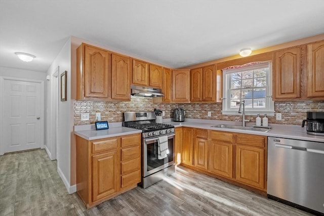 kitchen featuring backsplash, appliances with stainless steel finishes, sink, and light wood-type flooring