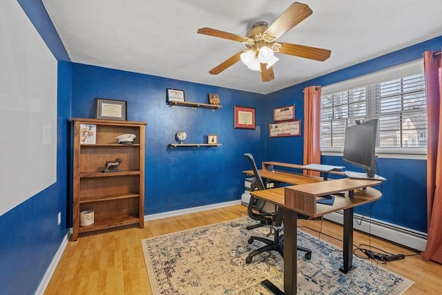 office area featuring ceiling fan, baseboard heating, and light hardwood / wood-style floors