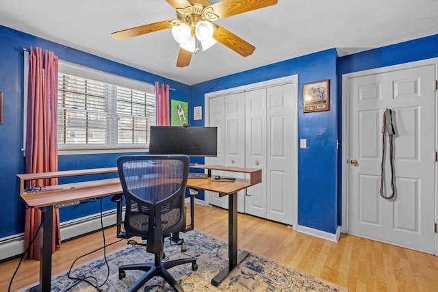 office space with ceiling fan and light hardwood / wood-style floors