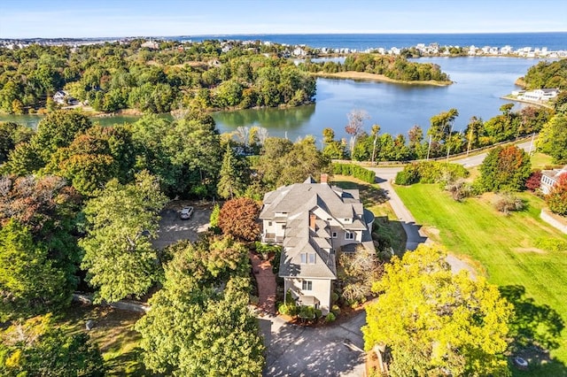 bird's eye view with a water view