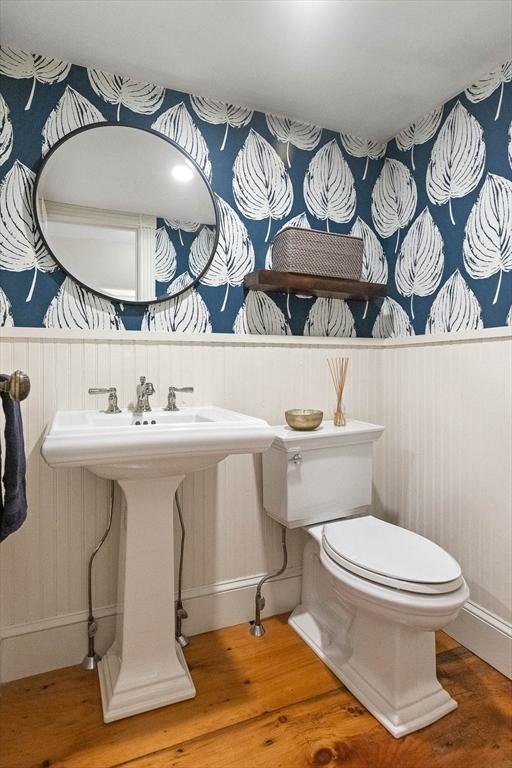 bathroom with a sink, toilet, wood finished floors, and wainscoting