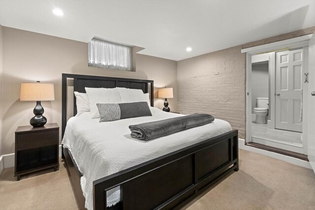 bedroom with recessed lighting and light carpet