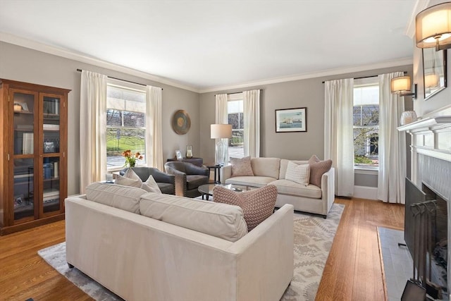 living room with crown molding, light wood-style flooring, plenty of natural light, and a fireplace