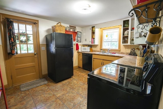 39 Crest Ave, Lunenburg, MA 01462 - kitchen featuring black appliances, open shelves, a sink, and light tile patterned flooring