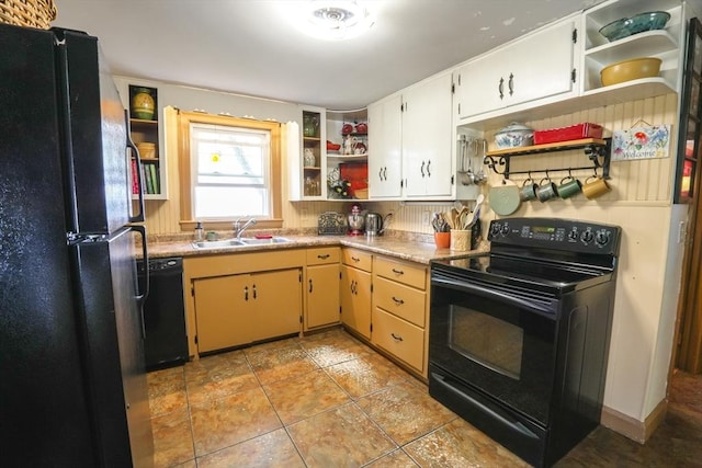 39 Crest Ave, Lunenburg, MA 01462 - kitchen with open shelves, black appliances, a sink, light countertops, and light tile patterned floors