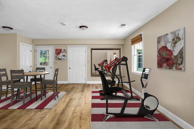 workout room featuring baseboards, a wealth of natural light, and wood finished floors