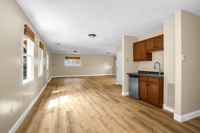kitchen featuring a sink, stainless steel dishwasher, light wood-type flooring, and visible vents