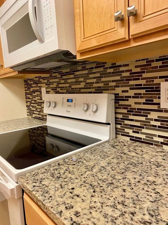 details featuring light stone counters, backsplash, and white appliances