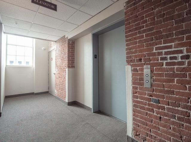 empty room with brick wall, baseboards, carpet, elevator, and a paneled ceiling