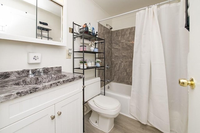 full bathroom with toilet, shower / tub combo with curtain, vanity, crown molding, and wood finished floors