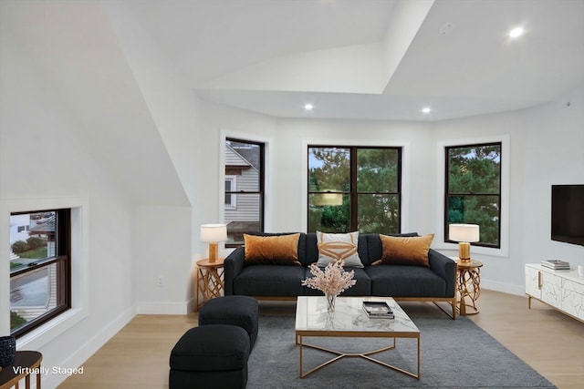 living room featuring vaulted ceiling and light hardwood / wood-style flooring