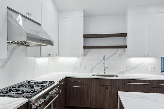 kitchen with white cabinets, stainless steel range, sink, and tasteful backsplash