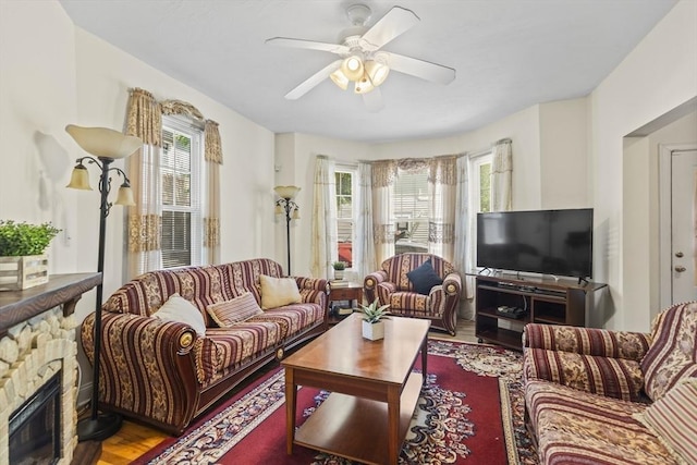 4-6 Marcella St Unit 2, Boston, MA 02119 - living room with a ceiling fan, wood finished floors, and a fireplace