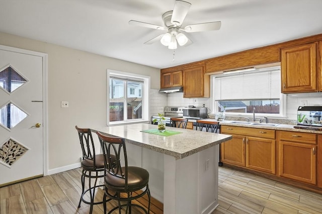 0 Steeple View Way, Leominster, MA 01453 - kitchen featuring under cabinet range hood, decorative backsplash, electric range, and a kitchen bar