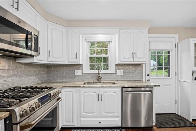 40 Richard Ave, Shrewsbury, MA 01545 - kitchen featuring appliances with stainless steel finishes, a sink, plenty of natural light, and light stone countertops