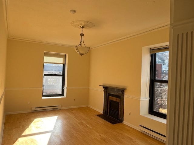 unfurnished living room with light hardwood / wood-style flooring, a healthy amount of sunlight, and a baseboard radiator